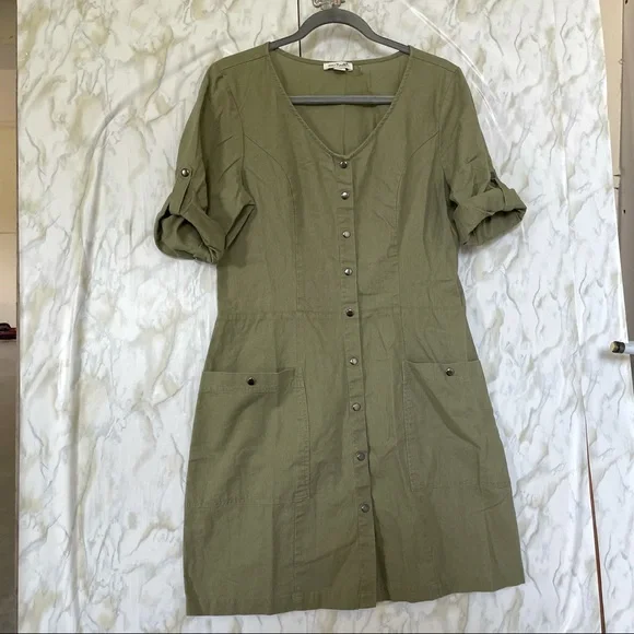 Simply Noelle S/M linen olive green dress button up short sleeve pockets summer - Picture 2 of 8